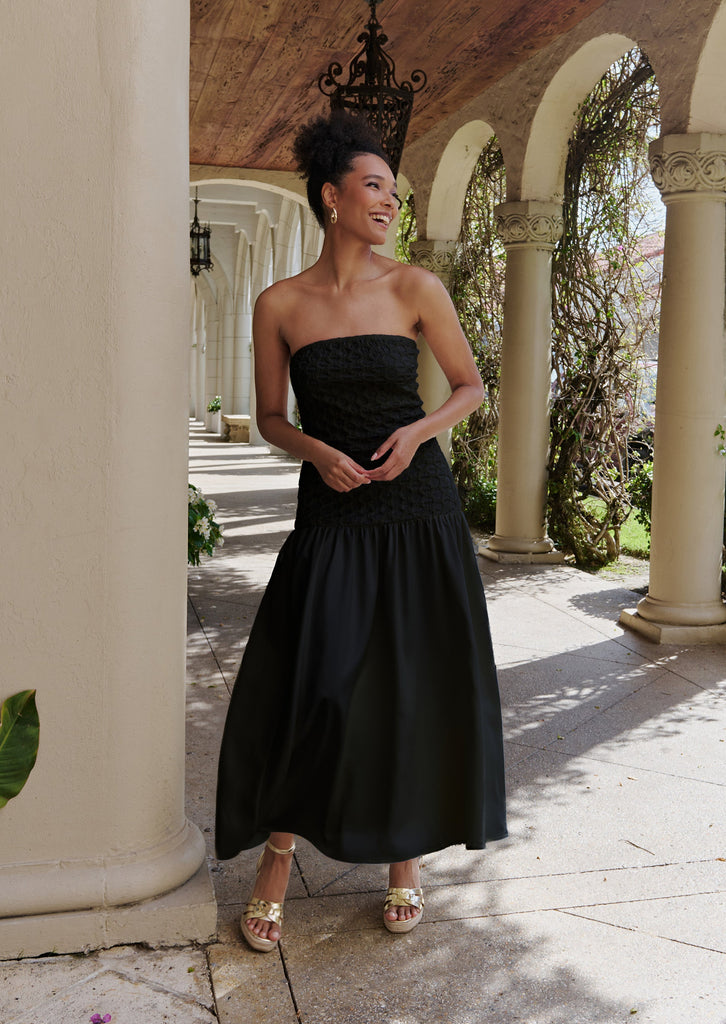 Black Strapless Smocked Parlour Dress Arianne Elmy Black Strapless Smocked Parlour Dress Arianne Elmy
