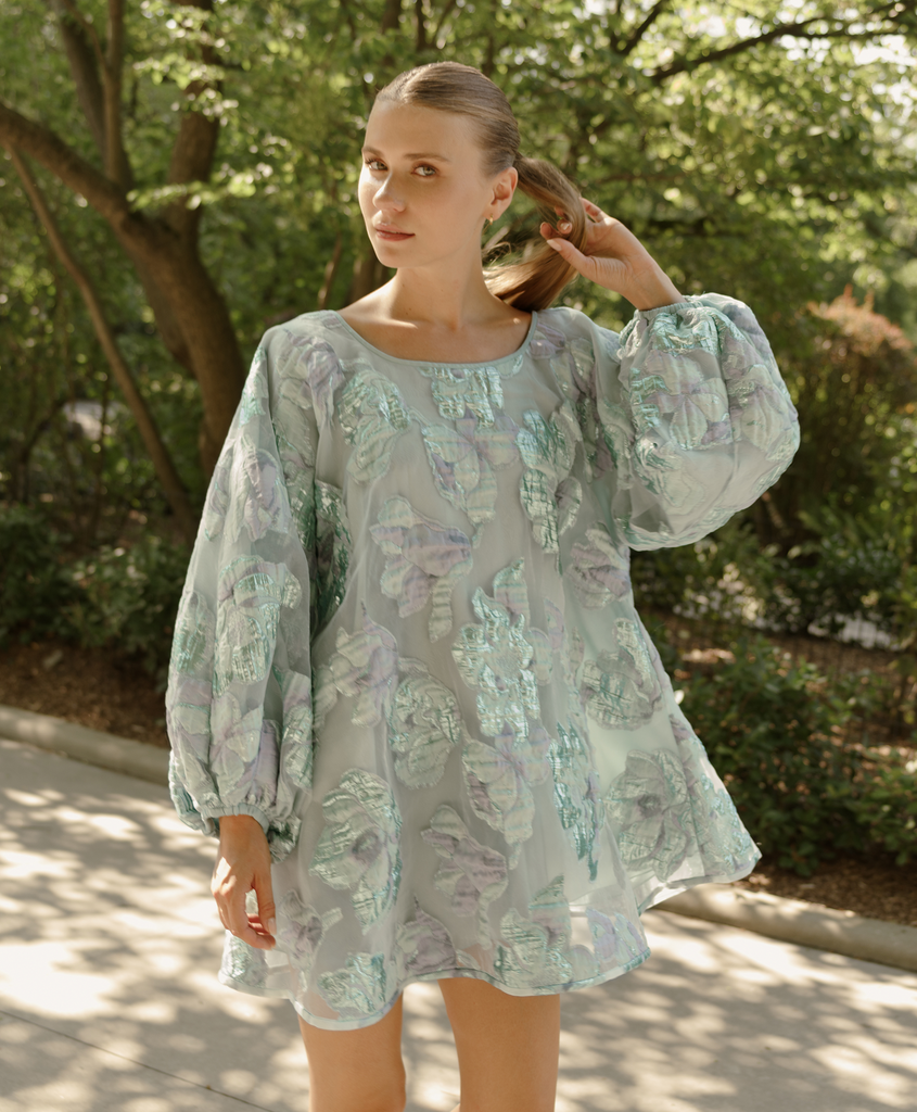 Sky Blue Magnolia Floral Organza Good Luck Dress - Arianne Elmy