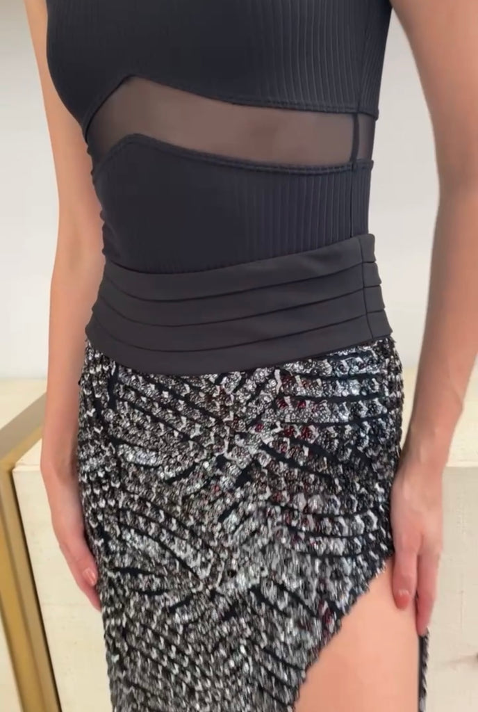 Black and Silver Sequins Crepe Skirt - Arianne Elmy